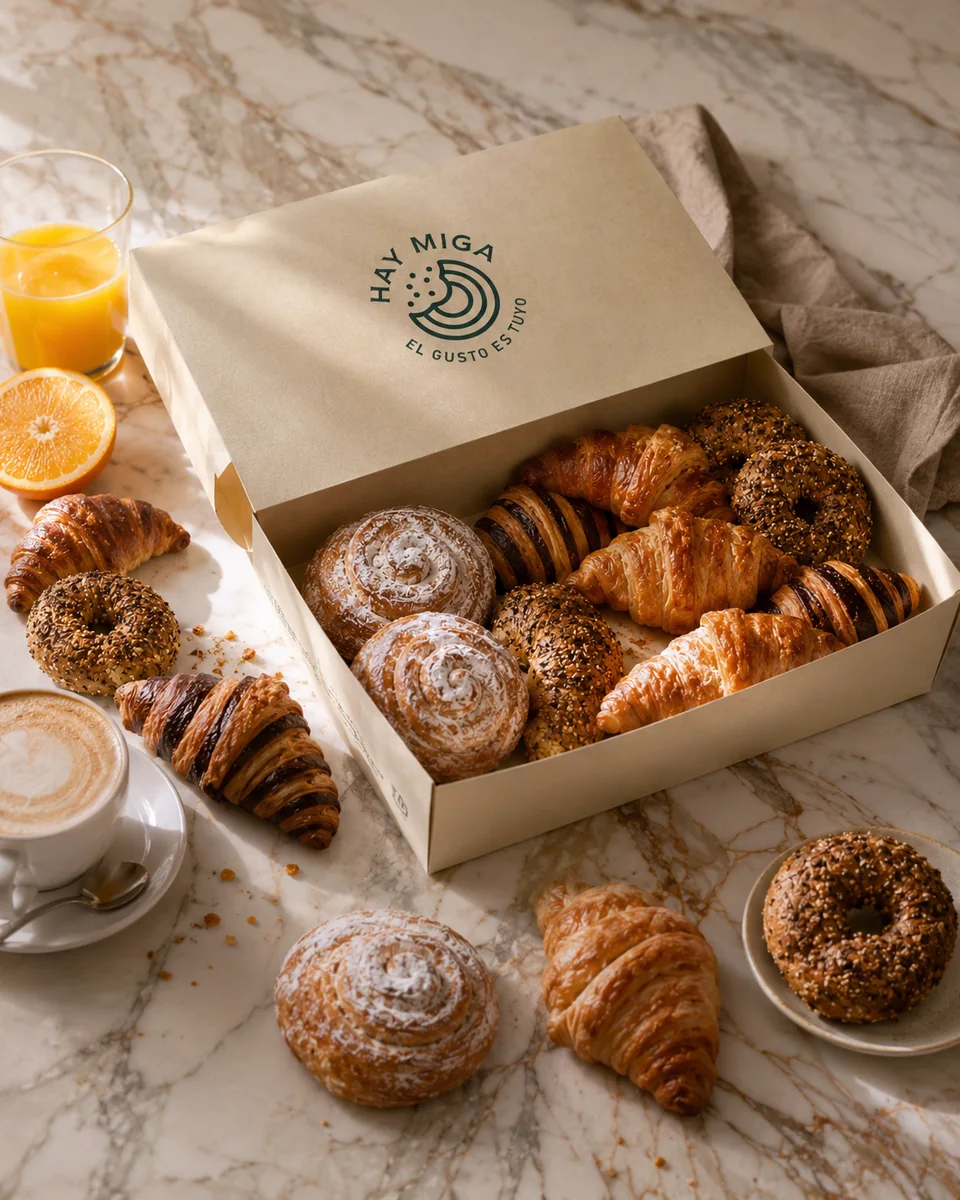 Surtido de bollería de Hay Miga: croissants, napolitanas y ensaimadas