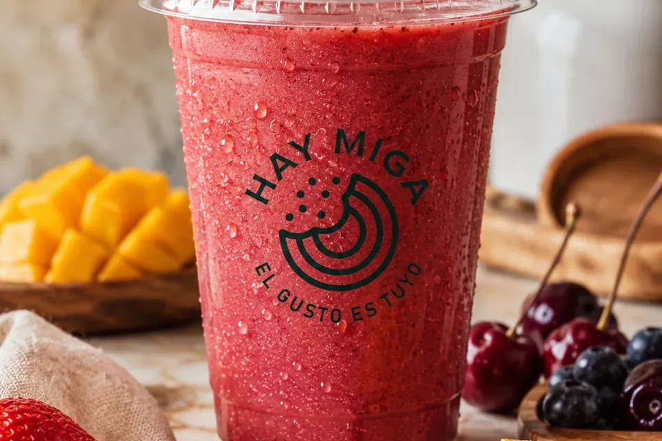 Smoothie de cereza, mango, fresa y arándano de Hay Miga, en vaso para llevar