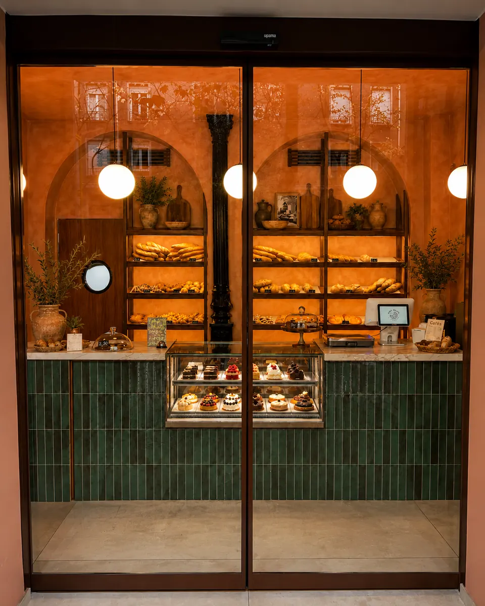 Entrada del local de Hay Miga en Pacífico, Madrid: puertas de cristal, mostrador de azulejo verde y estanterías de pan